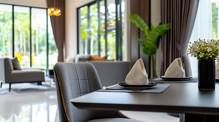 A modern dining table is set with folded napkins, plates, and a vase of flowers, bathed in natural light from large windows overlooking a lush garden.の素材