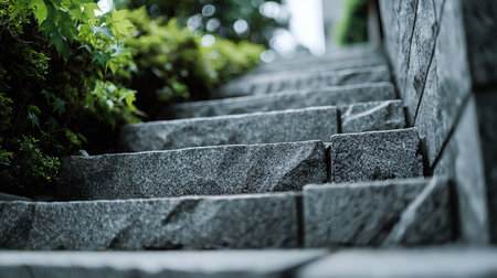Low-angle shot of granite steps leading upwards, framed by lush greenery. Soft focus and muted tones create a tranquil, natural atmosphere. The composition emphasizes texture and depth.の素材