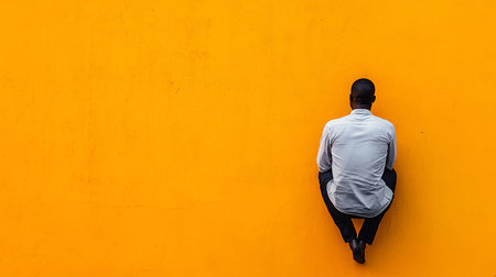A lone African man sits against a bright orange wall, back to the viewer. He wears a light shirt and dark pants, creating a striking contrast. The composition is minimalist and contemplative.の素材