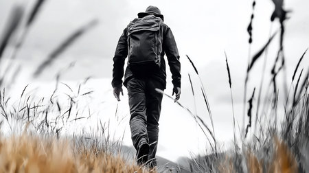 A lone hiker with a backpack walks away into a grayscale landscape, surrounded by tall grass. The image evokes a sense of solitude and adventure in nature.の素材