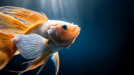 A captivating close-up of a golden Betta fish swimming gracefully in dark water. The fish's flowing fins and scales are beautifully illuminated, creating a serene and elegant scene.の素材