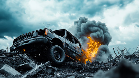 A wrecked, burning car sits atop a pile of rubble, engulfed in flames and smoke against a dramatic sky, symbolizing destruction and chaos in a post-apocalyptic setting.の素材