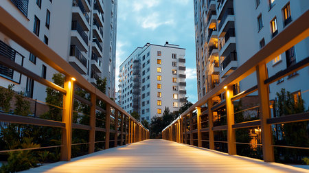 Low-angle shot of a wooden pedestrian bridge with warm lights, leading to modern white apartment buildings under a twilight sky, creating a serene urban scene.の素材