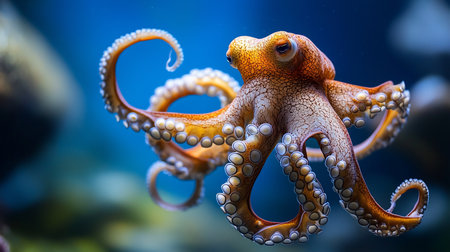 A captivating close-up of an orange octopus gracefully swimming in a blue ocean. The image highlights its intricate skin texture and the unique suckers on its tentacles.の素材