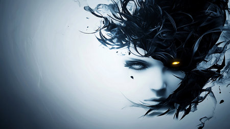 A striking digital artwork featuring a woman's face partially obscured by dark feathers and smoke, with one glowing yellow eye, set against a soft, gradient background.の素材