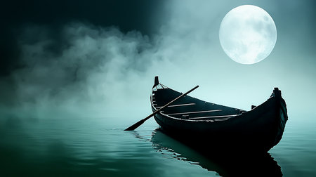 A solitary boat rests on calm waters under a full moon, shrouded in mist. The scene evokes a sense of mystery, tranquility, and solitude.の素材
