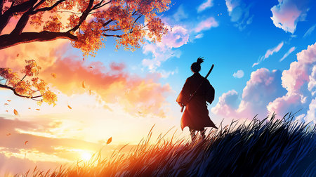 A lone samurai stands silhouetted against a vibrant sunset, sword at his back, amidst tall grass. Anime-inspired art style with orange leaves falling, creating a serene, reflective mood.の素材
