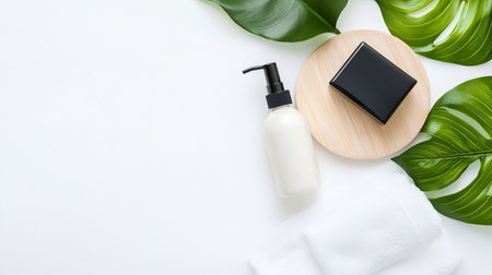 Clean, minimalist spa still life featuring a white lotion bottle, black soap on a wooden coaster, green monstera leaves, and a white towel against a bright white background.の素材