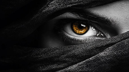 A captivating close-up of a single amber eye, partially veiled by a dark, textured fabric. The image features a dramatic contrast between light and shadow, creating a mysterious mood.の素材