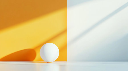 A minimalist scene featuring a white sphere against a yellow wall, with soft sunlight casting shadows. The composition is clean, with a focus on color contrast and light play.の素材