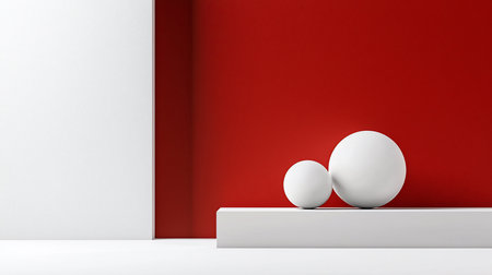Two white spheres sit on a white platform against a vibrant red wall and a contrasting white wall, creating a minimalist and modern aesthetic with clean lines and bold color contrast.の素材