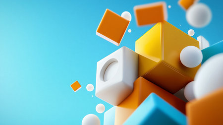 Dynamic abstract composition featuring colorful cubes and spheres floating against a bright azure background. The arrangement creates a sense of depth and movement.の素材