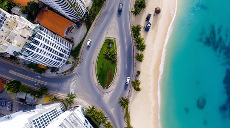 Aerial shot of a coastal road running alongside a pristine beach with turquoise waters, featuring cars, palm trees, and modern buildings in a vibrant, sunny setting.の素材
