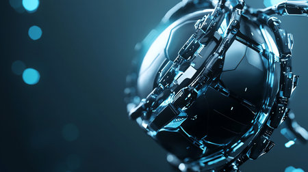 A futuristic, abstract sphere with a complex metallic structure is illuminated by a soft blue glow, creating a sense of technological advancement and mystery.の素材