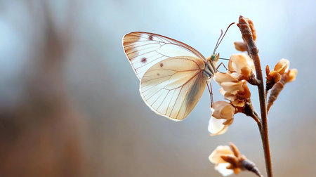 A Cabbage White butterfly rests on a blossoming branch, its delicate wings catching the soft light. The image captures the beauty of springtime and the fragility of nature.の素材