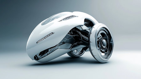 A futuristic, sleek white vehicle with three wheels and chrome accents, presented in a studio setting with soft lighting, emphasizing its innovative design and aerodynamic form.の素材