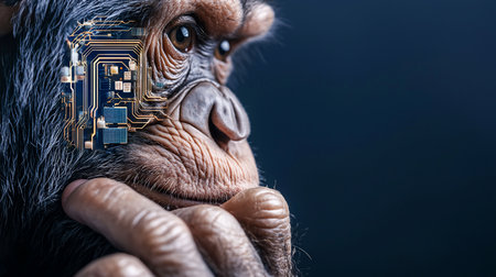 Close-up profile of a chimpanzee with a circuit board overlayed on its head, suggesting AI integration. The primate rests its chin on its hand, deep in thought against a dark backdrop.の素材