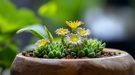 A close-up shot of a Faucaria tigrina, or Tiger Jaws succulent, blooming with yellow and white flowers in a rustic wooden pot, set against a blurred green background.の素材
