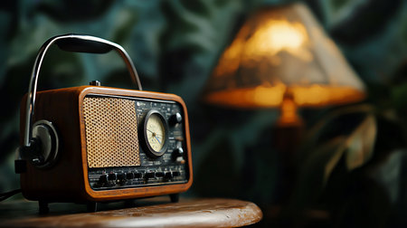 A vintage radio, with a wooden case and woven speaker, sits on a wooden table. A warm lamp glows softly in the background, creating a nostalgic, cozy atmosphere.の素材