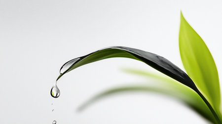 A macro shot captures a water droplet clinging to the tip of a vibrant green leaf, set against a clean white background, evoking purity and freshness.の素材