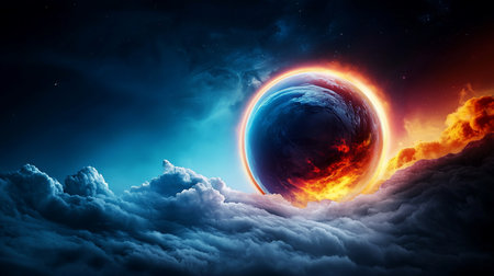 A planet, half engulfed in fiery flames and half in icy blue, hovers above a sea of ethereal clouds, set against a backdrop of a starlit sky.の素材