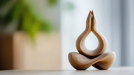 A handcrafted wooden sculpture depicting a yoga pose, hands in prayer, rests on a table. Soft, natural light illuminates the minimalist composition, evoking tranquility and mindfulness.の素材