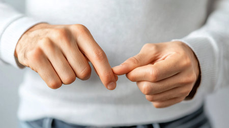 A close-up shot of two hands with fingers interlocked, symbolizing connection, intimacy, or agreement. The soft lighting and neutral background enhance the focus on the hands.の素材