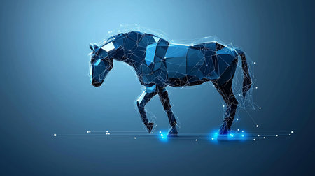 A low poly horse illustration, rendered in shades of blue, with glowing connections and a gradient background. Modern, digital art style with a futuristic feel.の素材