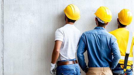 Three construction workers wearing yellow hard hats stand facing a concrete wall, backs to the camera, contemplating the project ahead, showcasing teamwork and planning in construction.の素材