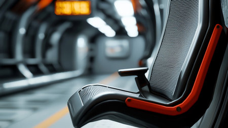 Close-up of a modern subway car seat with a textured gray fabric, black frame, and orange accents, set against a blurred background of the subway tunnel.の素材