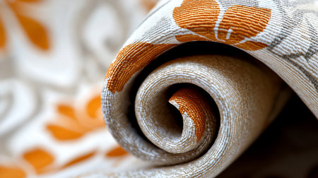 A macro shot of a tightly rolled fabric with a floral pattern in warm orange and white. The texture and spiral create an abstract, inviting composition.の素材
