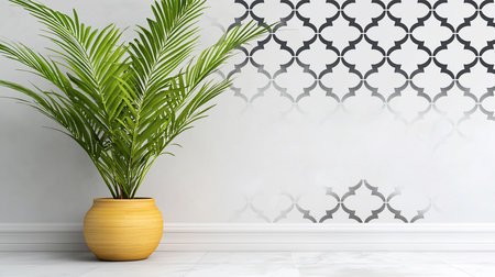 A vibrant green potted palm sits in a yellow pot against a white wall with a geometric pattern, creating a modern, minimalist interior design aesthetic.の素材