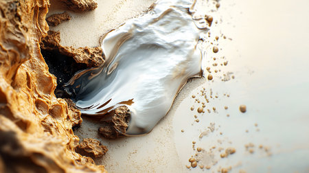 An abstract close-up depicts an oil spill on a sandy shore, with rock formations. The scene highlights the environmental impact and the contrast between natural elements.の素材