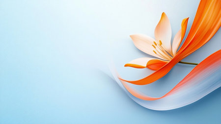 An abstract image featuring an orange and white flower with a stem, set against a light blue background with swirling lines, creating a serene and modern aesthetic.の素材