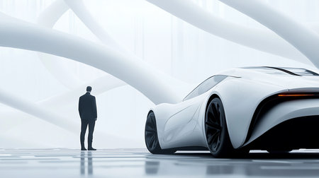 A man in a suit gazes at a futuristic white car in a minimalist space with abstract white structures, creating a sense of innovation and modern design.の素材