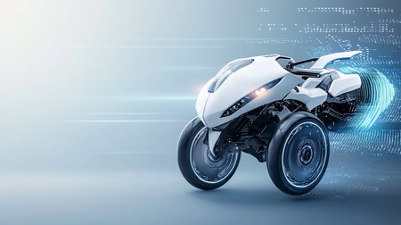 A sleek, white three-wheeled vehicle with glowing blue accents is set against a digital background, suggesting advanced technology and futuristic transportation.の素材