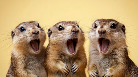 Three prairie dogs stand side-by-side against a yellow background, all yawning simultaneously. The close-up shot captures their open mouths and tiny teeth.の素材