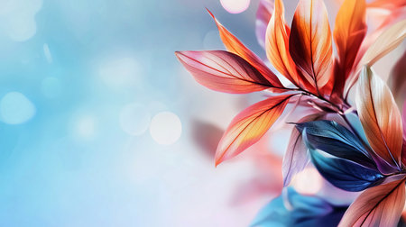 Abstract close-up of Cordyline leaves in vibrant orange, pink, and blue hues against a soft, dreamy bokeh background. The composition creates a sense of tranquility and artistic expression.の素材