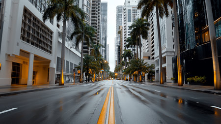 A symmetrical shot down a wet Miami street, lined with palm trees and skyscrapers. The wet pavement reflects the city lights, creating a moody, urban scene.の素材