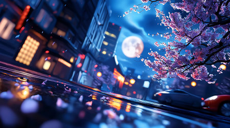 A vibrant night scene featuring cherry blossoms framing a city street with reflections on wet pavement, illuminated by city lights and a full moon, creating a dreamy atmosphere.の素材