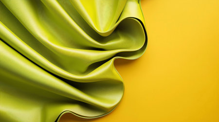 Abstract close-up of chartreuse silk fabric draped in flowing waves against a golden yellow backdrop, creating a luxurious, elegant texture with soft lighting and smooth curves.の素材