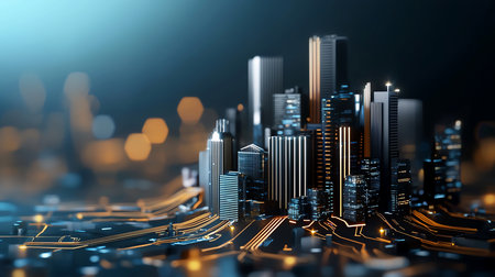 Abstract cityscape featuring illuminated skyscrapers and circuit board roads, creating a futuristic and technological urban design with a blend of blue and gold lighting.の素材