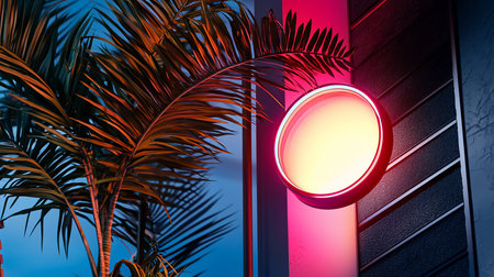 A vibrant, retro-style image featuring a round neon sign glowing against a textured wall, framed by lush palm fronds under a blue sky, evoking a tropical, vintage mood.の素材