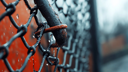 Close-up of a wet, black chain-link fence with a red accent, showcasing water droplets and a blurred background. The image captures a moody, urban atmosphere with a focus on texture.の素材