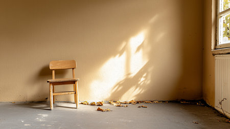 A desolate room features a wooden chair, scattered autumn leaves, and sunlight casting shadows on a beige wall. The scene evokes a sense of abandonment and decay.の素材