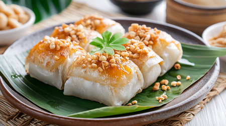 Close-up of Vietnamese Banh Bot Loc, translucent tapioca dumplings filled with shrimp and pork, topped with fried shallots, served on a banana leaf plate.の素材