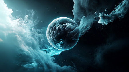 A glowing orb, resembling a planet, is enveloped in swirling, ethereal nebula clouds against a dark, starry backdrop, creating a dreamlike cosmic scene.の素材