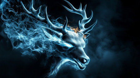 A digitally rendered deer head, enveloped in glowing blue energy, stands out against a dark backdrop, with fiery accents near the antlers, creating a mystical and powerful image.の素材