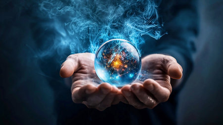 Close-up of hands cradling a glowing orb, radiating energy and light. The dark background enhances the orb's luminosity, creating a mystical, powerful atmosphere.の素材