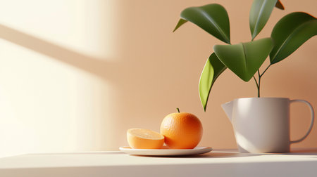 A minimalist still life featuring sliced oranges on a plate, a plant in a white pitcher, set against a warm, neutral background with soft, diffused light.の素材